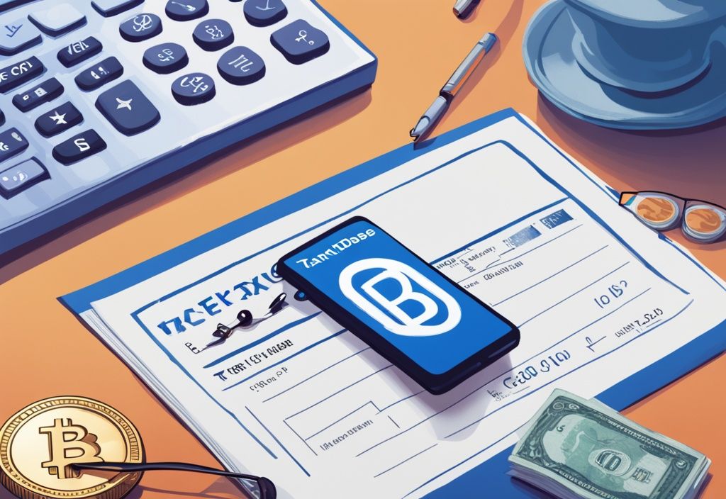 Moderne digitale Illustration in Blau mit ausgefüllter Coinbase Steuerbescheinigung, Taschenrechner, Brille und verstreuten Kryptowährungsmünzen.