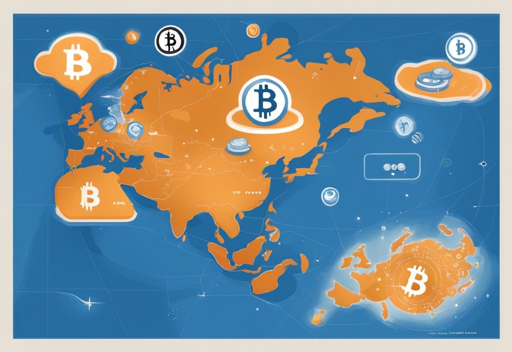 Moderne digitale Malerei mit blauer Farbthematik, zeigt eine Weltkarte mit markierten Orten, wo kann ich mit Bitcoin bezahlen.