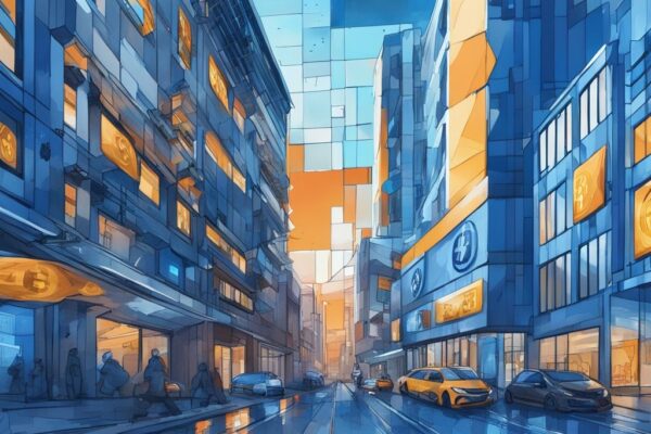 Moderne digitale Malerei eines futuristischen Gebäudes mit Krypto-Symbolen in einer geschäftigen deutschen Stadt, Crypto Bank Deutschland.