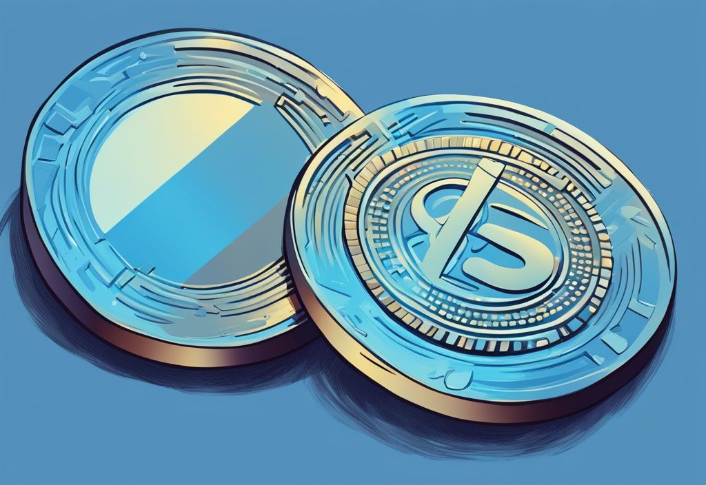 Moderne digitale Malerei mit blauem Farbschema, zeigt ein Paar identischer digitaler Münzen, eine transparent und schwer fassbar, symbolisiert das Double Spending Problem in digitalen Transaktionen.
