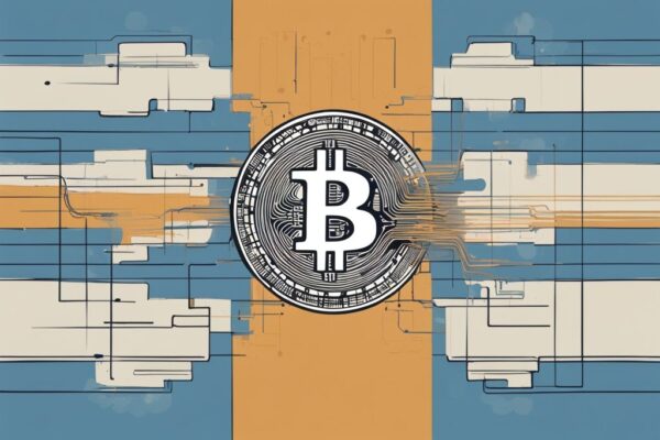 Modernes digitales Gemälde mit blauer Farbgebung, das eine stilisierte grafische Zeitleiste zeigt, auf der ein Bitcoin in zwei Hälften geteilt wird, mit erklärenden Anmerkungen zum Prozess des Bitcoin Halving erklärt.