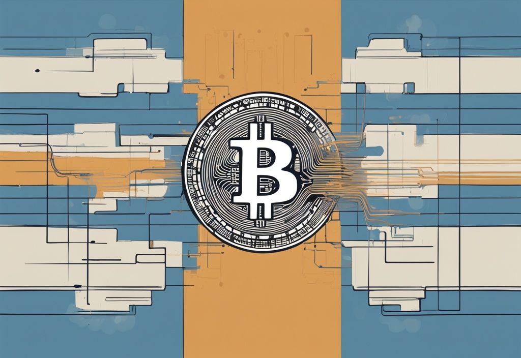 Modernes digitales Gemälde mit blauer Farbgebung, das eine stilisierte grafische Zeitleiste zeigt, auf der ein Bitcoin in zwei Hälften geteilt wird, mit erklärenden Anmerkungen zum Prozess des Bitcoin Halving erklärt.