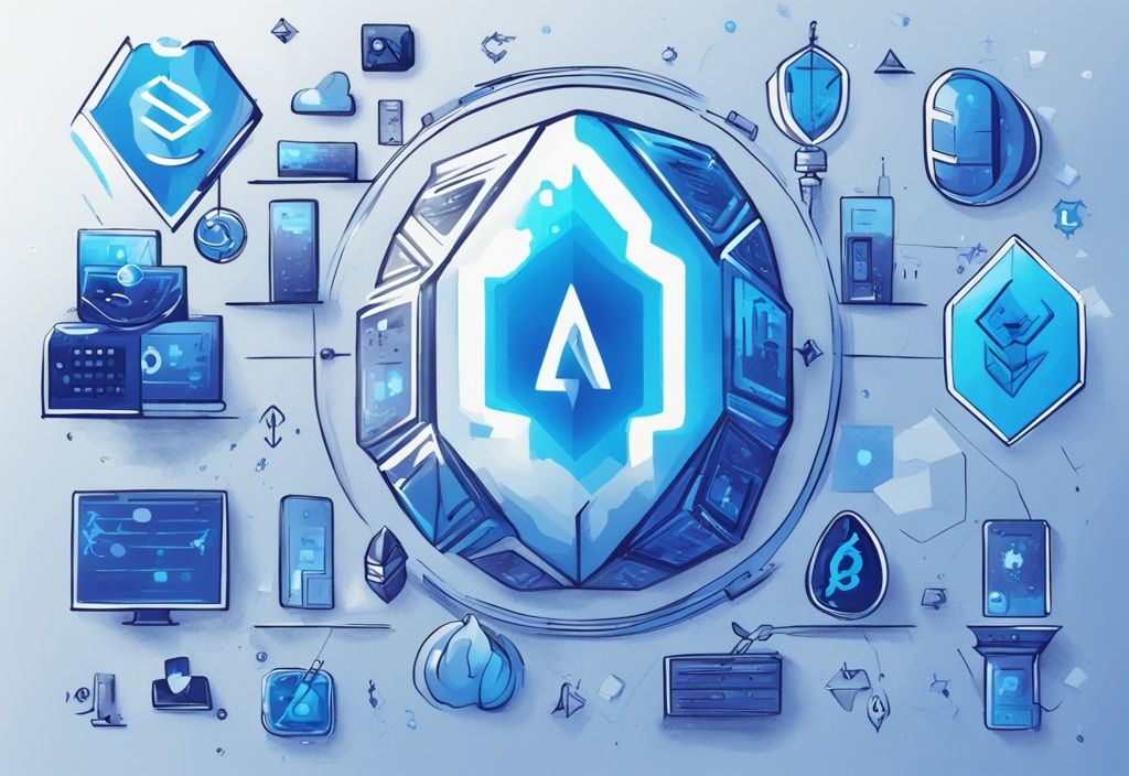 Moderne digitale Malerei mit blauen Farbtönen, zeigt Blockchain- und Krypto-Symbole, zentrales ETF-Logo für VanEck Crypto and Blockchain Innovators UCITS ETF.