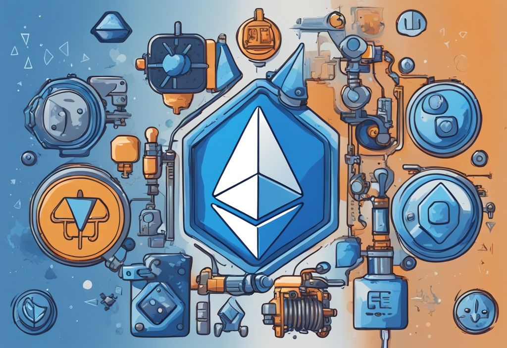 Moderne digitale Illustration eines Ethereum-Coins umgeben von Symbolen für EIP-1559 Komponenten wie Gasgebühr, Miner-Tip, Verbrennungsmechanismus und Blockgrößenanpassung, Hauptfarbthema Blau.