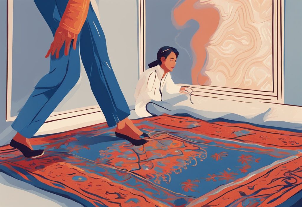Moderne digitale Malerei mit blauem Farbschema, eine Hand zieht einen orientalischen Teppich unter den Füßen einer überraschten Person weg, symbolisiert einen Rugpull.