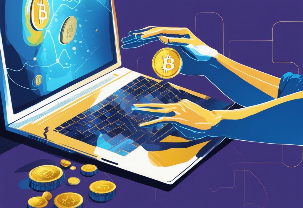 Moderne digitale Malerei mit blauem Farbschema, Hände aus Computerbildschirmen, die eine glänzende goldene Kryptowährungsmünze für eine Transaktion übergeben.