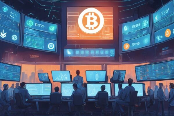 Moderne digitale Malerei einer geschäftigen, hochmodernen Handelsplattform mit blauen Farbtönen und Bildschirmen, die Kryptowährungscharts anzeigen, mit einem leuchtenden Schild der größten Krypto Börse.
