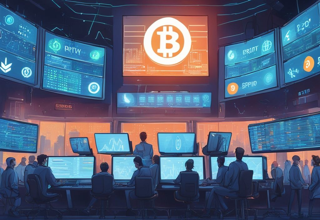 Moderne digitale Malerei einer geschäftigen, hochmodernen Handelsplattform mit blauen Farbtönen und Bildschirmen, die Kryptowährungscharts anzeigen, mit einem leuchtenden Schild der größten Krypto Börse.