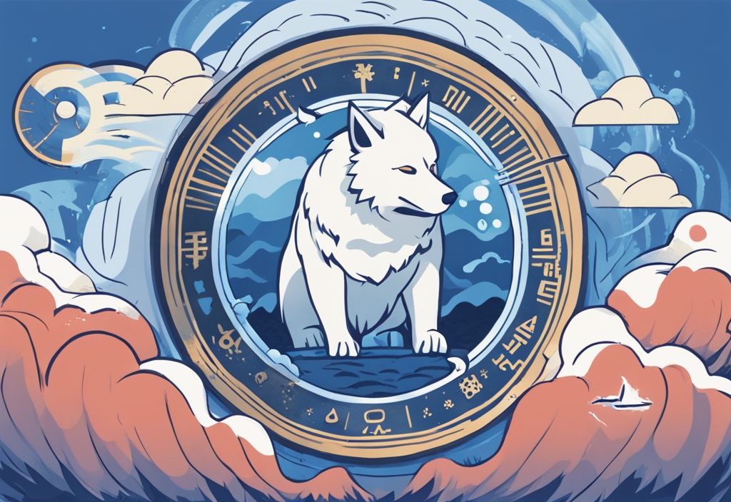 Digitale Illustration eines Floki Inu Coins umgeben von Wettersymbolen, die Schwankungen und Trends darstellen, mit blauem Farbschema, Konzept einer Prognose.