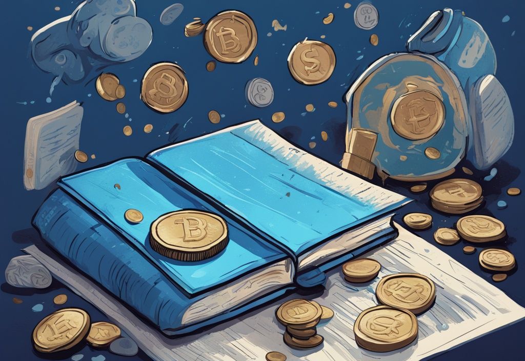 Moderne digitale Malerei mit blauem Farbschema, großes geöffnetes Buch mit verschiedenen stilisierten Meme-Coins.