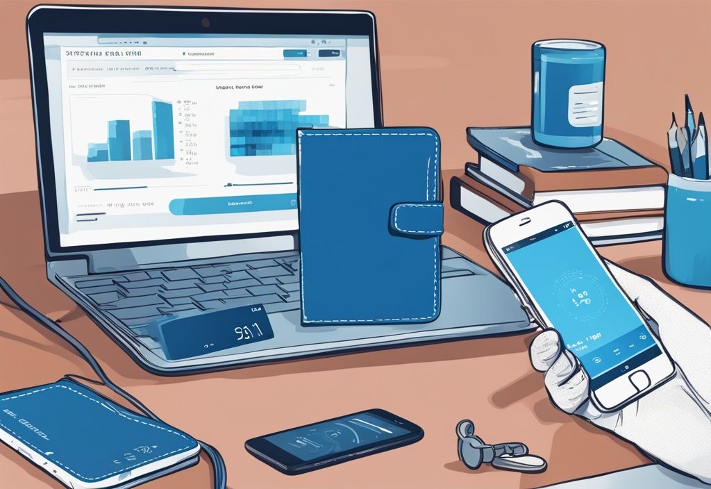 Nahaufnahme einer Ellipal Wallet auf einem modernen Arbeitsplatz neben einem Smartphone, das die Ergebnisse seines Sicherheitstests anzeigt, digital gemaltes Bild mit blauem Farbschema.
