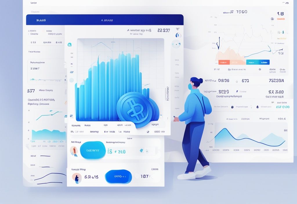 Moderne digitale Malerei mit blauem Farbschema, zeigt vereinfachten Screenshot der Bitvavo-Plattform im Bereich Sparplan, mit einem Diagramm, das stetiges Krypto-Wachstum im Laufe der Zeit darstellt.