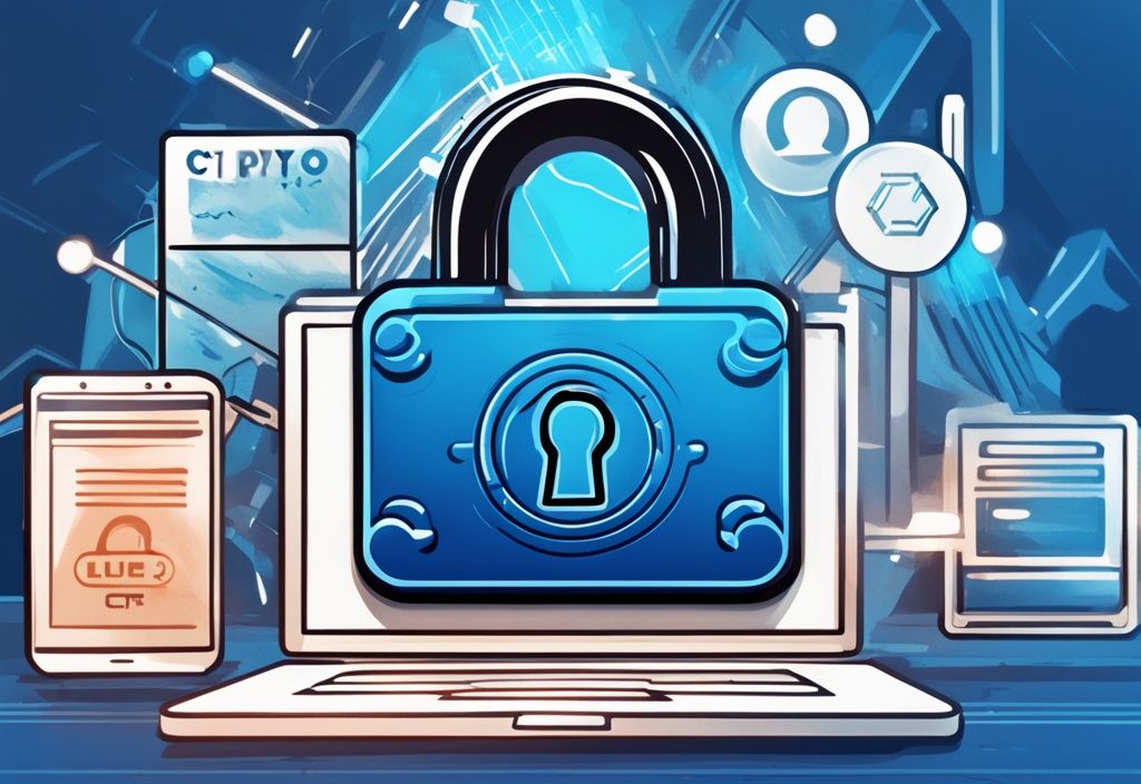 Moderne digitale Malerei mit blauem Farbschema, digitales Vorhängeschloss-Symbol auf der Benutzeroberfläche der modernen Website von Crypto.com
