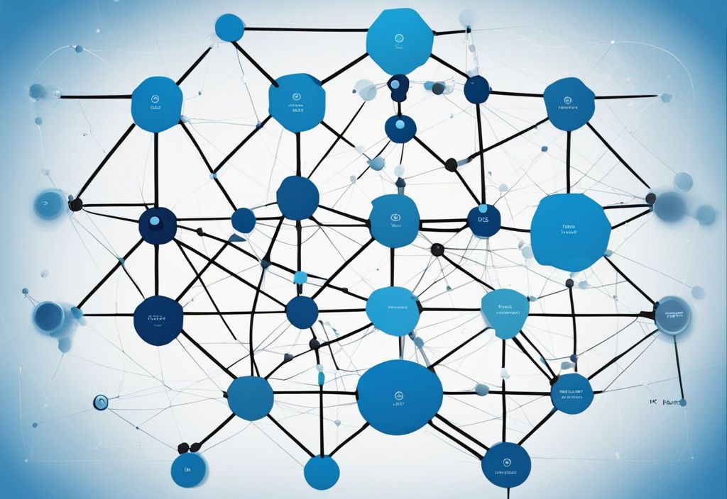 Moderne digitale Malerei mit blauem Farbschema, die ein Netzwerkdiagramm mit verschiedenen verbundenen Knoten zeigt, wobei einige Knoten vergrößert und beschriftet sind, um ihre Bedeutung zu definieren. Was sind Nodes?