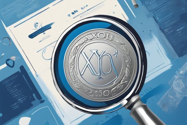 Moderne digitale Malerei mit blauem Farbschema, zeigt eine glänzende Axo-Münze unter einer Lupe, Infografik über "was ist Axo Coin