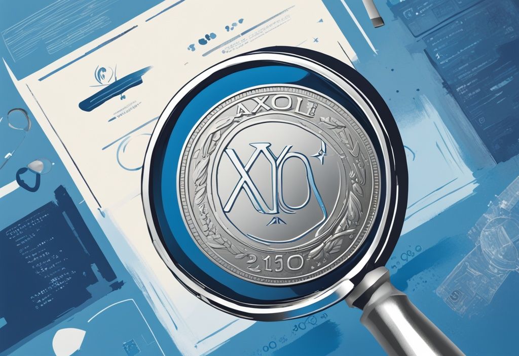 Moderne digitale Malerei mit blauem Farbschema, zeigt eine glänzende Axo-Münze unter einer Lupe, Infografik über "was ist Axo Coin