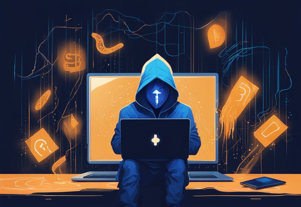 Moderne digitale Illustration, mysteriöse Figur mit Kapuze hinter einem Laptop, leuchtendes Bitcoin-Symbol auf dem Bildschirm, digitale Fußspuren verblassen im dunklen Hintergrund, Hauptfarbe Blau