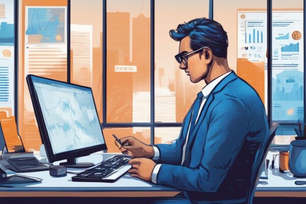 Moderner digitaler Gemäldeillustration eines Steueramtsmitarbeiters, der einen Computerbildschirm mit Bitcoin-Transaktionen und -Diagrammen studiert; wie erfährt das Finanzamt von Bitcoin.