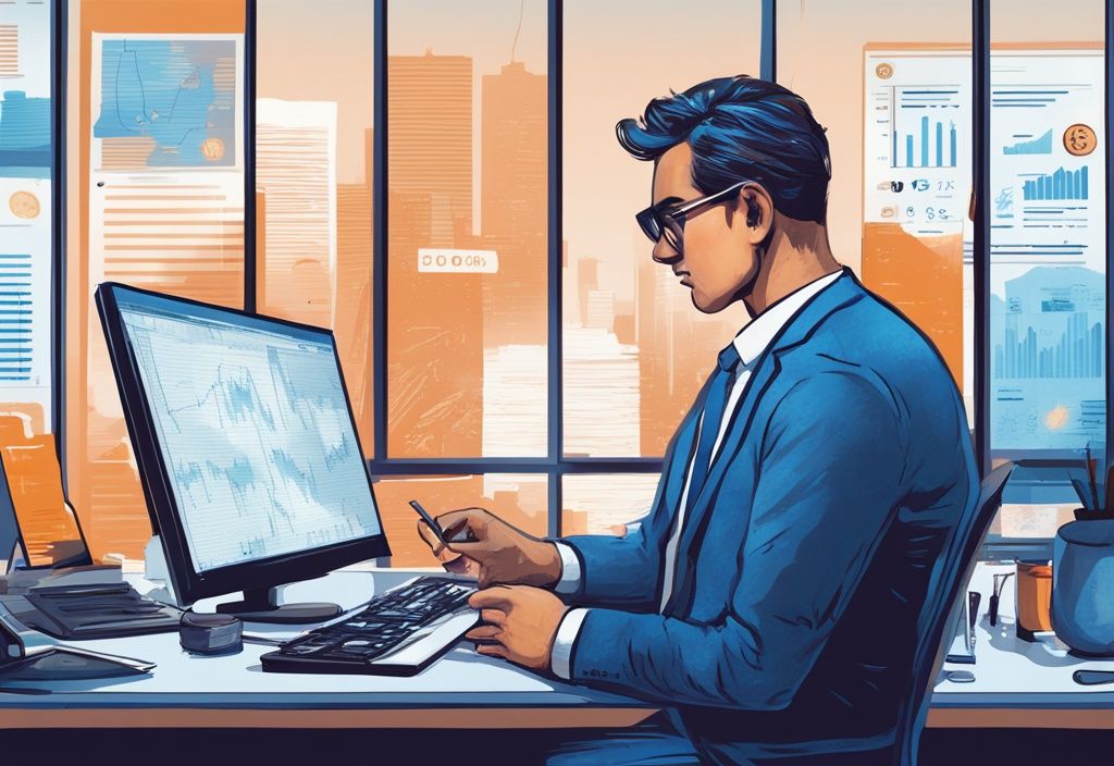 Moderner digitaler Gemäldeillustration eines Steueramtsmitarbeiters, der einen Computerbildschirm mit Bitcoin-Transaktionen und -Diagrammen studiert; wie erfährt das Finanzamt von Bitcoin.