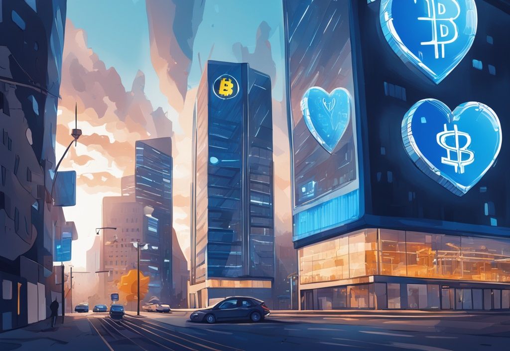 Moderne digitale Illustration eines Gebäudefassaden mit Kryptowährungssymbolen im Herzen einer geschäftigen deutschen Stadtlandschaft - Crypto Bank Deutschland.