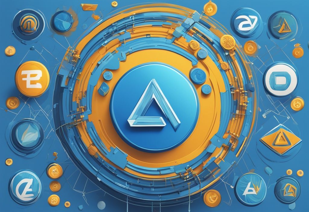Moderne digitale Malerei mit blauem Farbschema, ApeCoin-Logo in verschiedenen realen und digitalen Szenarien integriert, vermittelt die Essenz der Kryptowährung, was ist ApeCoin.