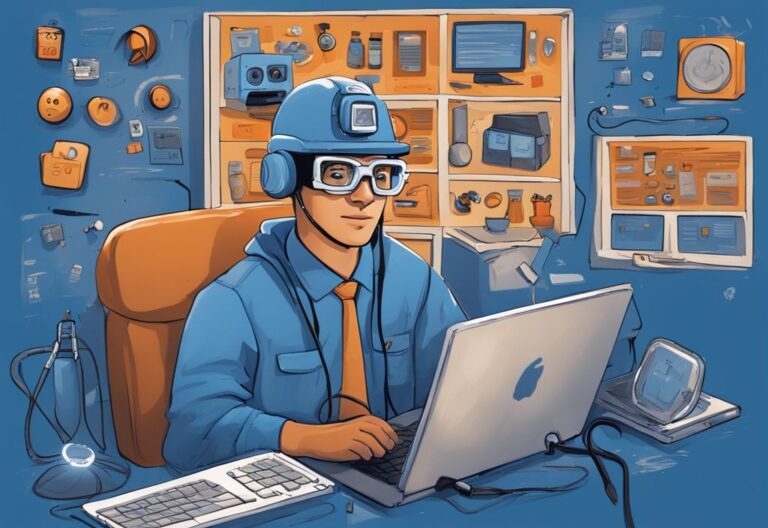 Moderner digitaler Gemäldeillustration eines Nerds mit Brille und Helm mit Stirnlampe, der die Nerd Miner V2 Software auf seinem Computer benutzt, während zahlreiche Kommentare, Likes und Emojis um den Bildschirm schweben, um Online-Bewertungen darzustellen – Nerd Miner V2 Erfahrungen.