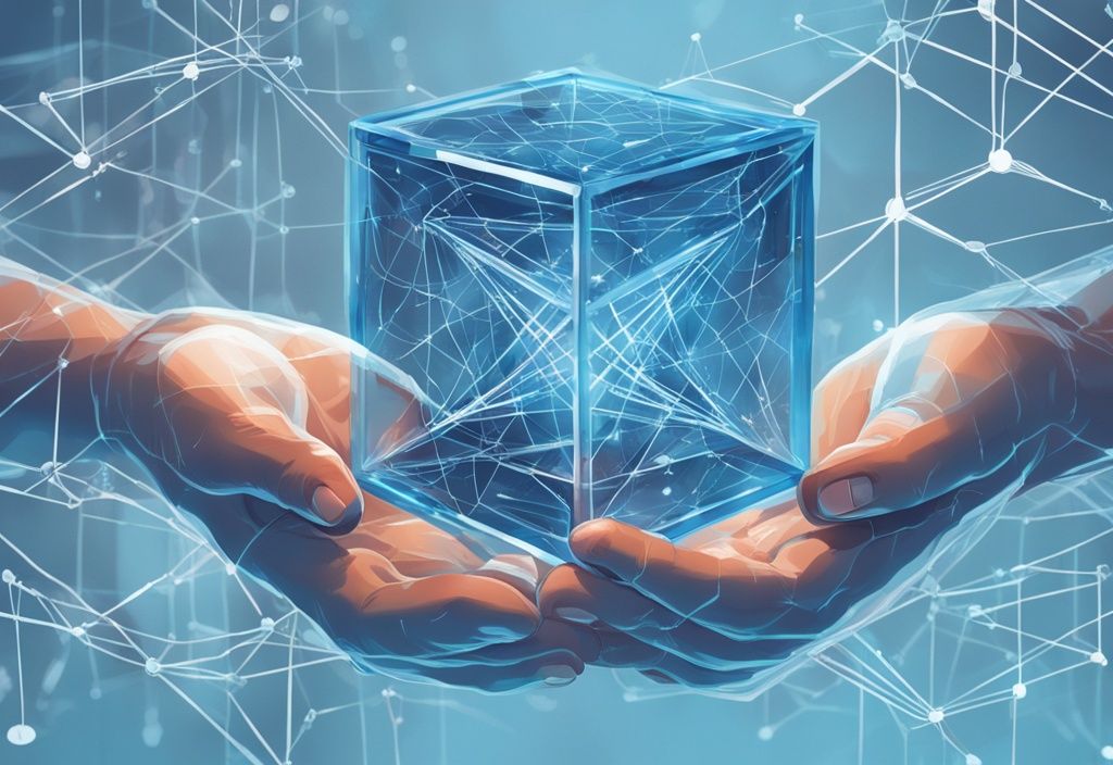 Nahaufnahme von Händen, die einen klaren Glaskubus mit symbolischen Linien und Zeichen eines einfachen Blockchain-Netzwerks halten, moderne digitale Illustration in Blau.