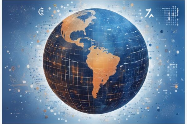 Moderne digitale Malerei mit blauem Farbschema, die mathematische Formeln, Computercodes und Kryptosymbole zu einem Globus verbindet, der die Vernetzung von Quant Krypto symbolisiert.