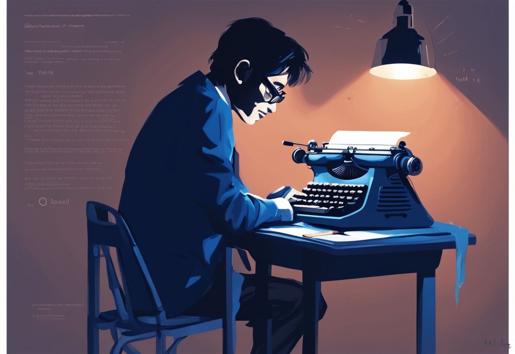 Moderne digitale Illustration in Blau mit einer Figur (Satoshi Nakamoto) an einem schwach beleuchteten Schreibtisch, die auf einer Vintage-Schreibmaschine die Worte "Die letzte Nachricht" tippt.