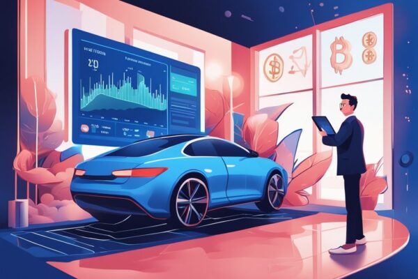 Moderne digitale Malerei, Person untersucht aufgeregt einen Bildschirm mit einem aufsteigenden Kryptowährungstrend, umgeben von Luxusauto und stilvollem Haus, Kann man mit Krypto reich werden.