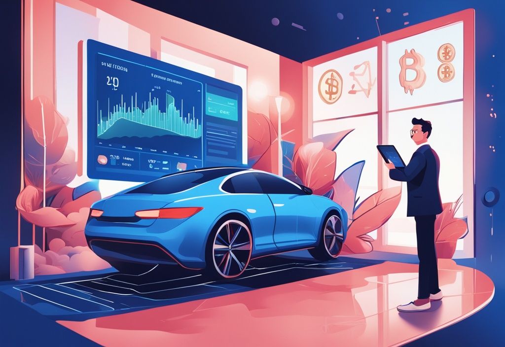 Moderne digitale Malerei, Person untersucht aufgeregt einen Bildschirm mit einem aufsteigenden Kryptowährungstrend, umgeben von Luxusauto und stilvollem Haus, Kann man mit Krypto reich werden.