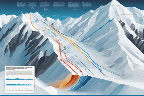 Moderne digitale Illustration in Blau, Infografik zur Avalanche Kurs Prognose mit Linien für verschiedene Routen und potenzielle Lawinenverläufe.