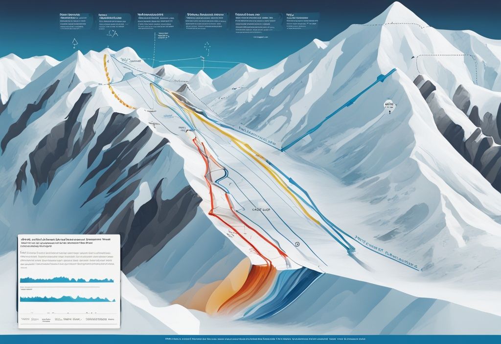 Moderne digitale Illustration in Blau, Infografik zur Avalanche Kurs Prognose mit Linien für verschiedene Routen und potenzielle Lawinenverläufe.