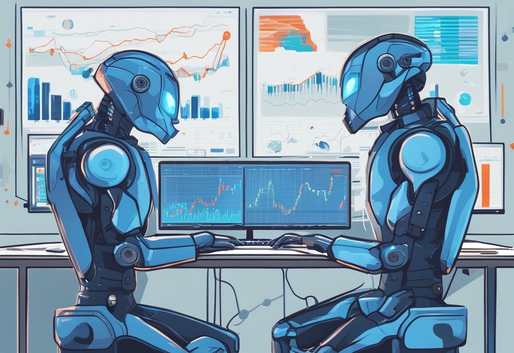 Moderne digitale Illustration von zwei schlanken, modernen Robotern vor mehreren Computermonitoren, die verschiedene Kryptowährungsdiagramme und -charts anzeigen und Trades mit Präzision und Geschwindigkeit ausführen, Hauptfarbthema Blau