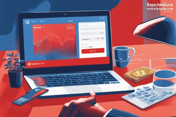 Mann nutzt Sparkasse Online-Banking auf Laptop mit Bitcoin-Marktplatz-Tab, Bitcoin kaufen Sparkasse