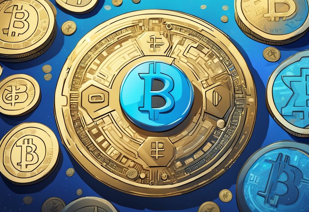 Moderne digitale Malerei mit blauem Farbschema, zentral eine goldene glänzende Münze mit der Aufschrift "BonkCon", umgeben von kleineren Kryptowährungsmünzen auf einem futuristischen digitalen Hintergrund, der ein virtuelles Reich symbolisiert.