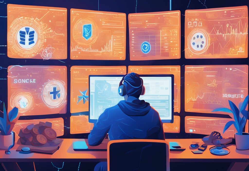 Moderne digitale Malerei mit Blau als Hauptfarbe, Person analysiert Kryptowährungssymbole auf dem Bildschirm, sicherer Mittelherkunftsnachweis bei Kryptowährungen im Vordergrund.