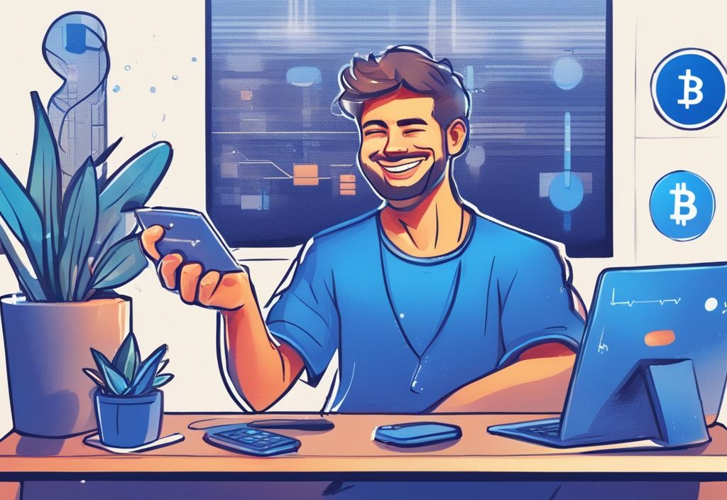 Moderne digitale Malerei eines glücklichen Menschen, der Kryptowährungen auf einer Benutzeroberfläche handelt, positive Erfahrungen mit Cryptohopper symbolisierend, Hauptfarbe Blau.