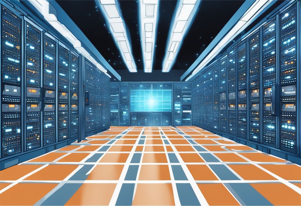 Moderne digitale Malerei einer Serverraum mit blauen Farbtönen, gefüllt mit High-Tech-Computern und leuchtenden Lichtern, die die digitale Macht der größten Krypto-Börse symbolisieren.