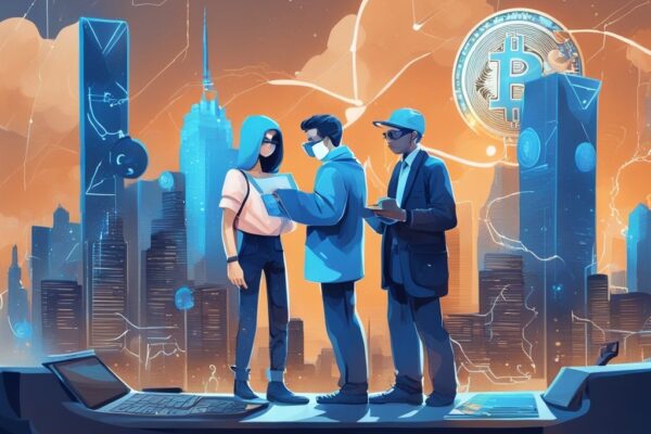 Moderne digitale Illustration eines futuristischen Stadtbilds mit Krypto-Symbolen, zwei Personen im Vordergrund: eine mit einer Lupe über Steuerformularen und eine andere mit einem Bitcoin, Steuerberatung Krypto.