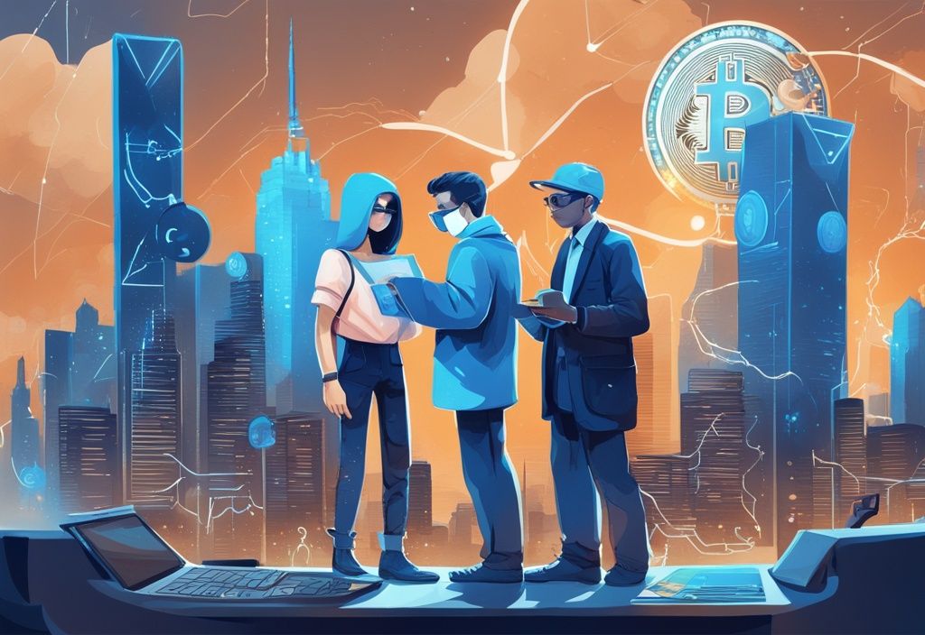 Moderne digitale Illustration eines futuristischen Stadtbilds mit Krypto-Symbolen, zwei Personen im Vordergrund: eine mit einer Lupe über Steuerformularen und eine andere mit einem Bitcoin, Steuerberatung Krypto.