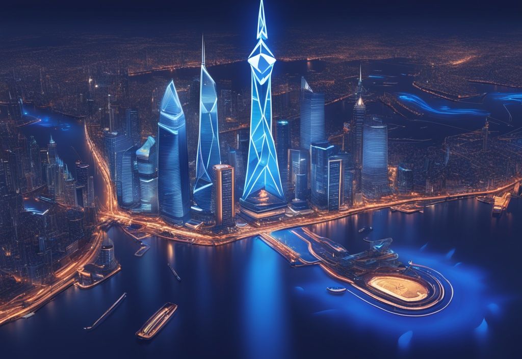 Moderne digitale Illustration in Blau mit Ethereum-Logo und digitaler Karte von Shanghai, beleuchtete Bereiche zeigen Updates.