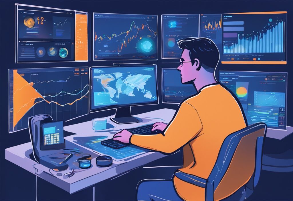 Moderne digitale Illustration einer Person vor einem Computer mit geöffnetem CoinTracking, das Diagramme und Statistiken verschiedener digitaler Währungen zeigt – CoinTracking Erfahrungen.