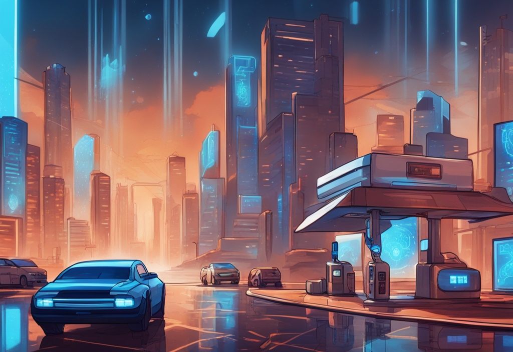 Futuristische digitale Stadt mit schwebender Blockchain, Gas Krypto Zapfsäule und glänzenden Kryptowährungsmünzen im Vordergrund.