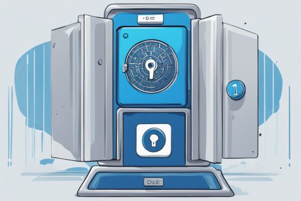 Modernes digitales Gemälde mit blauem Farbschema, zeigt einen sicher verschlossenen digitalen Tresor mit Crypto.com-Logo auf einem Schildsymbol, das Online-Schutz darstellt. Ist Crypto.com sicher?