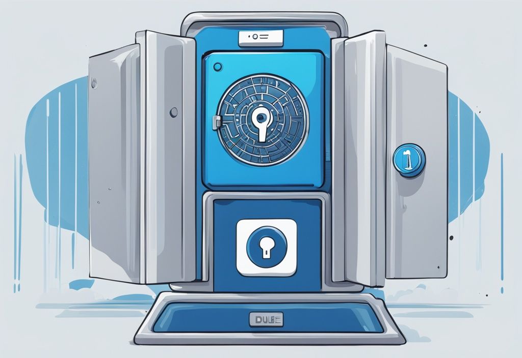 Modernes digitales Gemälde mit blauem Farbschema, zeigt einen sicher verschlossenen digitalen Tresor mit Crypto.com-Logo auf einem Schildsymbol, das Online-Schutz darstellt. Ist Crypto.com sicher?