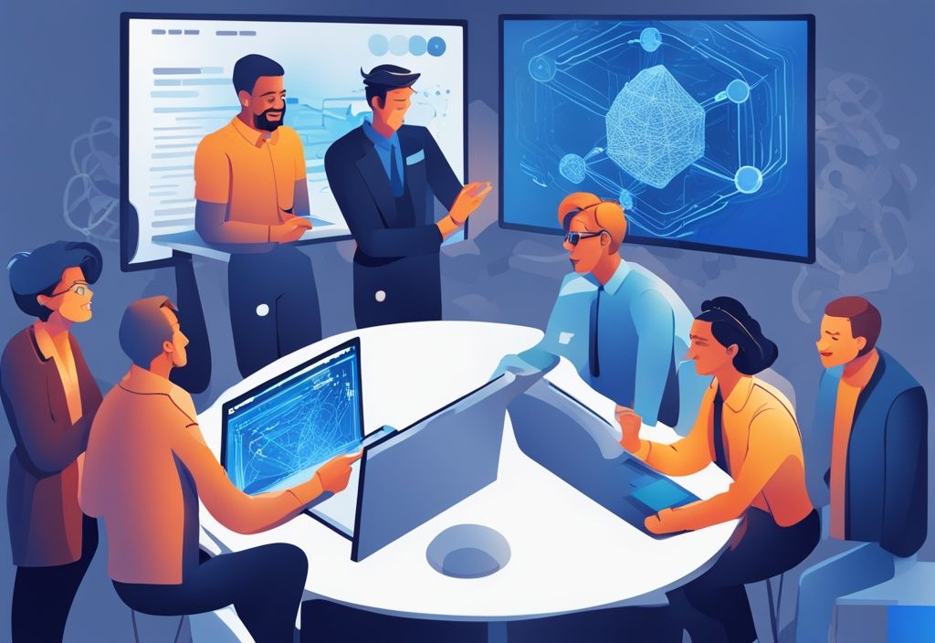 Moderne digitale Illustration in Blau: Diverse Fachleute diskutieren begeistert vor einem digitalen Bildschirm, der ein komplexes Blockchain-Netzwerk anzeigt, symbolisiert ihre Blockchain Access UK Ltd Erfahrungen.