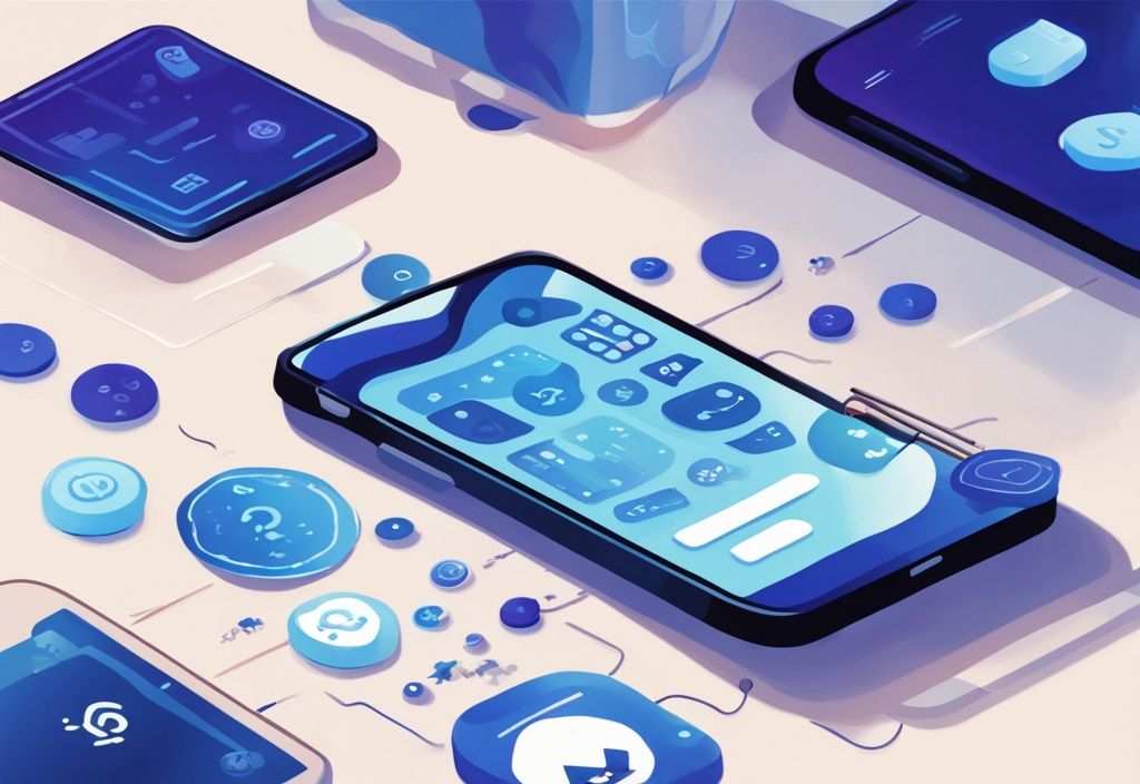 Smartphone-Bildschirm mit Krypto-Apps und Fragezeichen, digitale Illustration in Blau