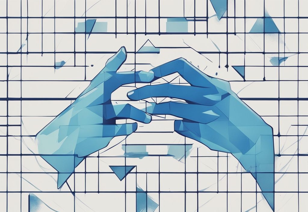 Moderne digitale Malerei mit blauem Farbschema, zwei Hände symbolisieren verschiedene Ethereum-Entitäten, die sich zu einem neuen, vereinten Ethereum-Symbol vor einem digitalen Netzwerk-Hintergrund zusammenfinden, Ethereum Merge.