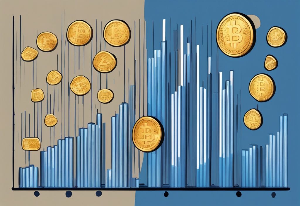 Moderne digitale Malerei mit blauem Farbschema, glänzende digitale Münzen mit der Aufschrift "The Graph Coin" in verschiedenen Höhen, die eine grafische Darstellung bilden.
